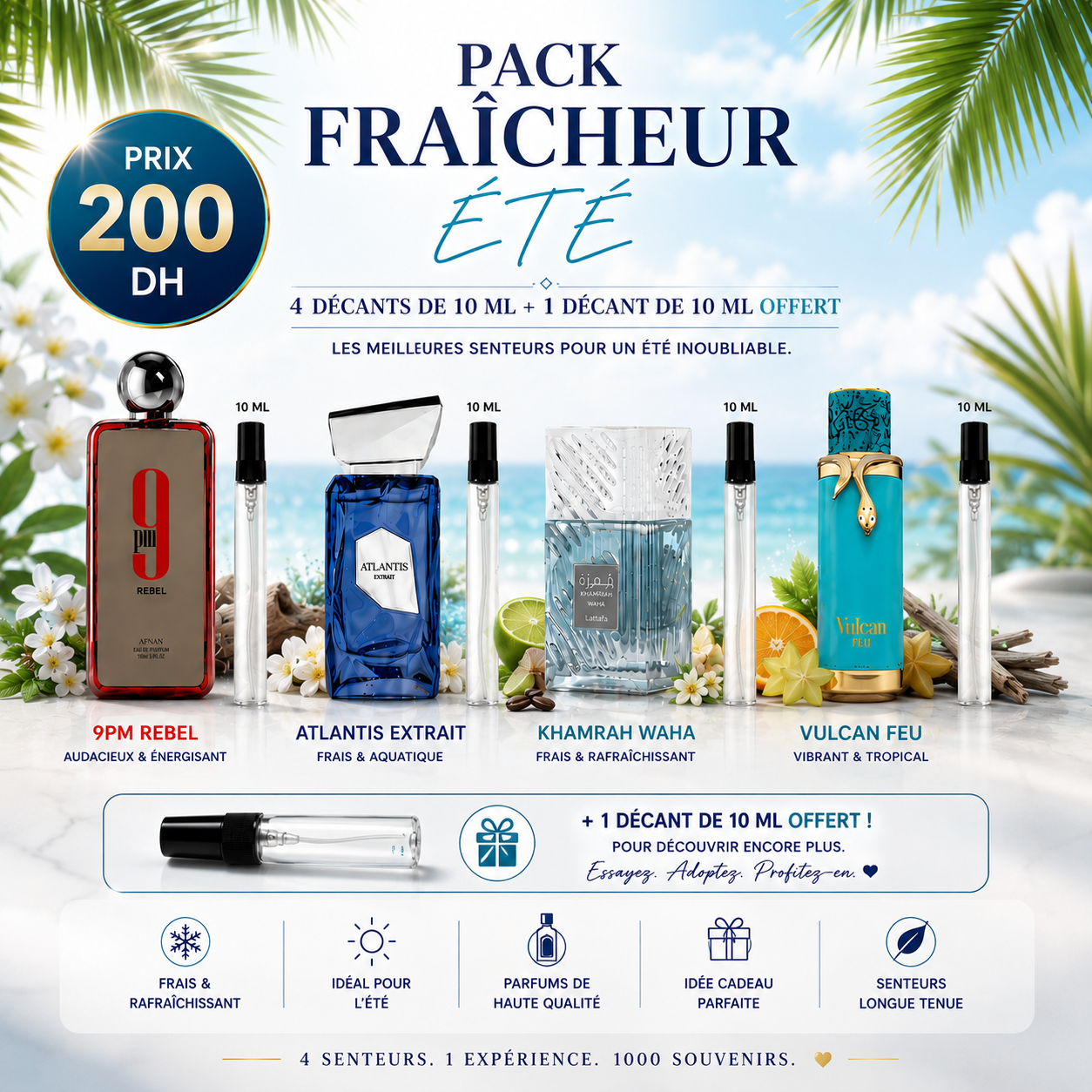 Pack 10 ml khamra waha +10ml vulcan feu +10ml 9pm rebel +10ml atlantis extrait + 10ml gratuit